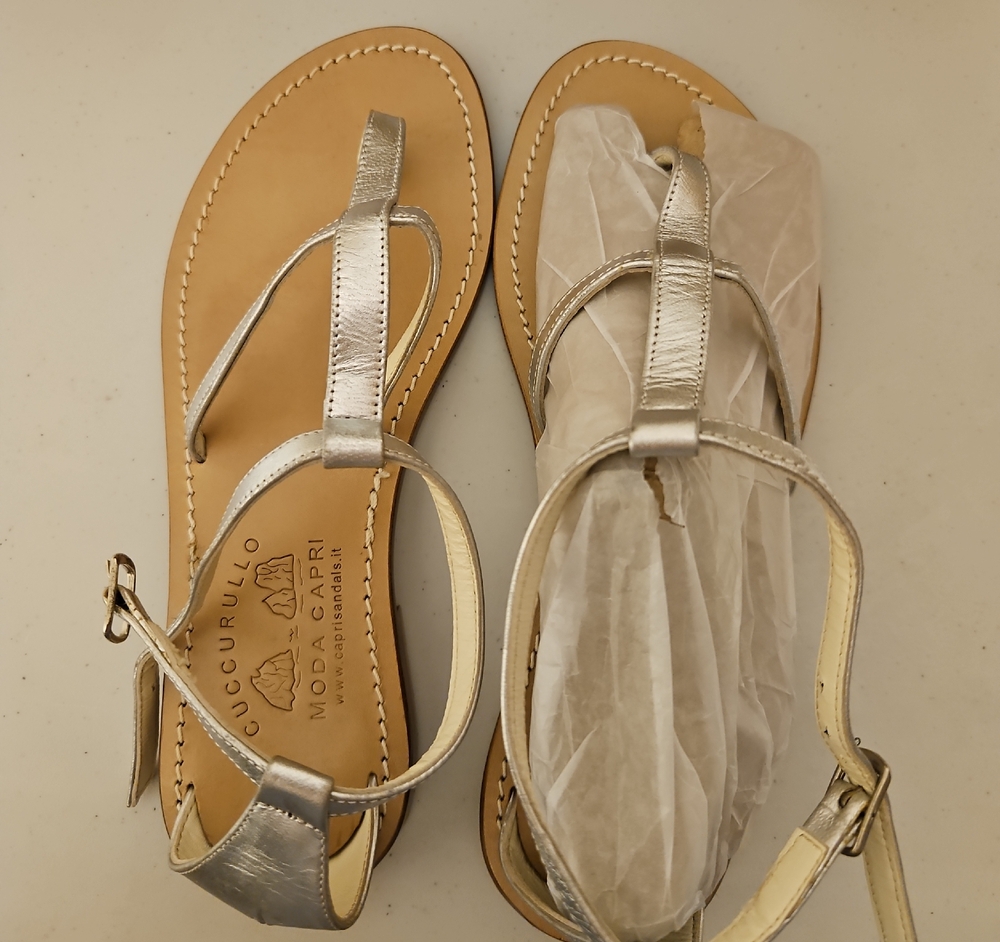 Cuccurullo Metallic Silver T-Strap Sandals for Women